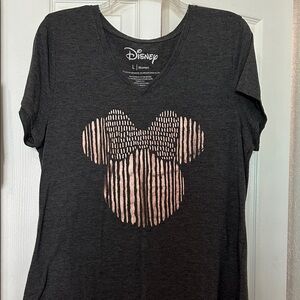 Disney Charcoal V-Neck Tee with Metallic Pink Minnie Silhouette